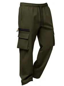 Detailed view of olive green cargo pants with multi-pocket design and drawstring waist