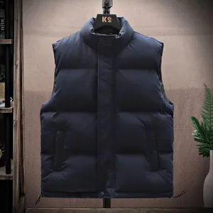 Premium solid navy blue winter puffer vest for men with stand collar and buttons