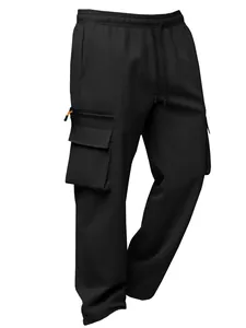 Black cargo pants detail view showing multiple utility pockets and drawstring waist