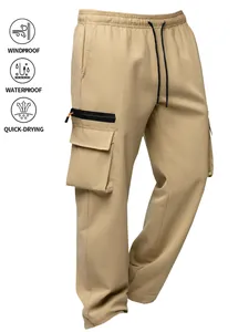 Detail of khaki men's cargo pants showing windproof, waterproof, and quick-dry features.