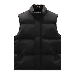 Men's solid black winter puffer vest with stand collar and casual padded design