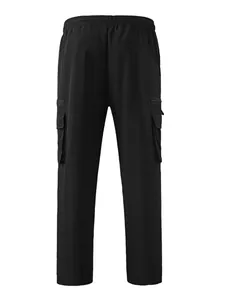 Detailed back view of black cargo pants featuring elastic waist and multi-pocket design