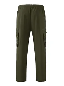 Detailed back view of dark green outdoor cargo pants with multi-pockets and elastic waist
