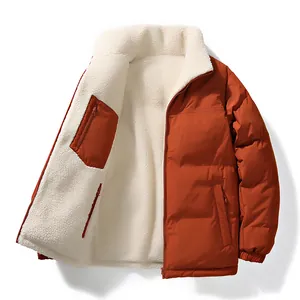 Men's winter puffer jacket with thick white sherpa fleece lining in burnt orange