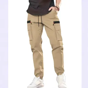 Men's khaki multi-pocket cargo pants in American vintage style with drawstring waist