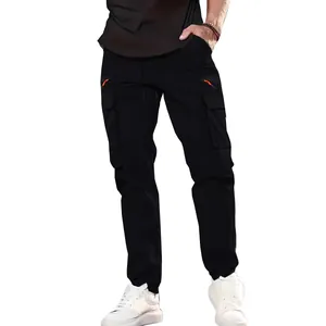 Stylish black men's cargo pants featuring multi-pocket design and orange zipper accents.