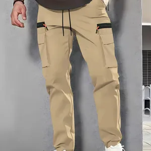 Men's American retro khaki cargo pants with functional multi-pockets and zipper details