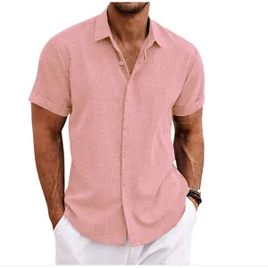 Camicia da uomo a maniche corte in cotone e lino rosa chiaro con classico colletto button-down