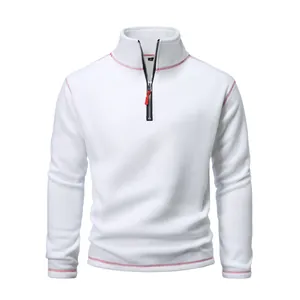 Men's white tactical polar fleece pullover with quarter-zip and red contrast stitching