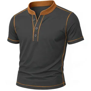 Detailed view of men's short sleeve Henley t-shirt with contrast tan stitching