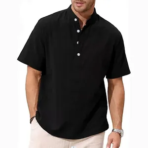 Close-up of a men's black short-sleeve linen shirt with stand collar and half-placket.