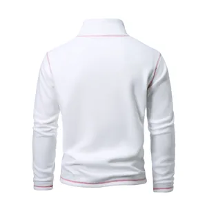 Back view detail of a men's white tactical fleece pullover with red contrast stitching.