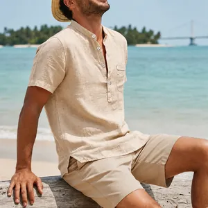 Close-up of a men's vintage short-sleeve linen beach shirt in a casual outdoor setting
