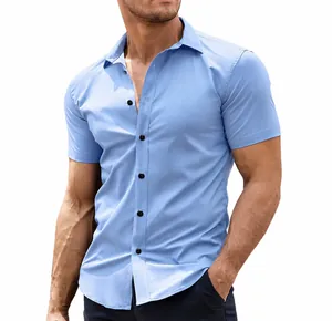 Premium light blue short sleeved slim fit men's button down shirt summer fashion
