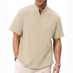 Detail view of men's beige cotton linen shirt with stand collar and button half placket