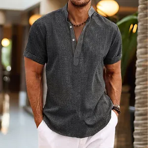 Macro detail of men's dark grey linen short sleeve henley shirt with stand collar