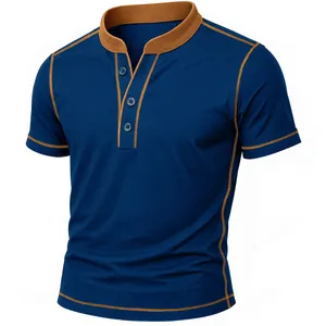 Close-up detail of men's navy blue short sleeve Henley shirt with contrast brown stitching