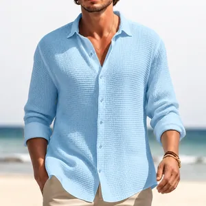 Premium light blue men's waffle knit long sleeve casual shirt featuring a classic lapel