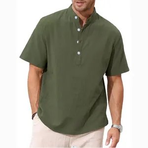 Detailed view of men's olive green cotton linen shirt with stand collar and half placket.