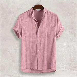 Camicia Casual da Uomo in Cotone Lino Manica Corta Colletto alla Coreana Bottoni Top Estivo con Tasca sul Petto