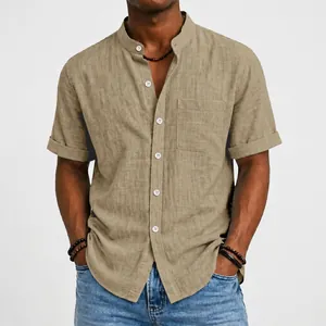 Close-up of a men's khaki short-sleeved linen shirt with a stand-up collar