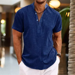 Close-up of a navy blue short-sleeved linen henley shirt with stand collar and button detail