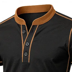 Close-up detail of a men's black Henley shirt with contrast brown collar and stitching
