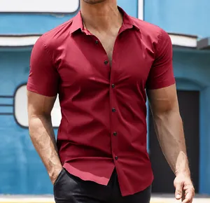 Detailed view of slim-fit men's short sleeve casual shirt in solid red with black buttons