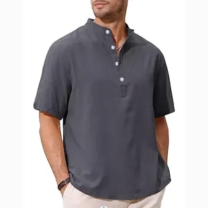 Detailed view of dark grey men's cotton linen shirt with classic stand collar and buttons