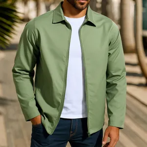 Stylish men's sage green zip-up windbreaker jacket with a classic lapel collar detail