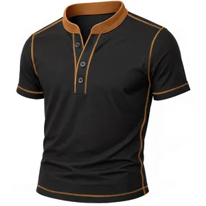 Detail of black men's short-sleeved Henley shirt featuring brown contrast stitching and collar