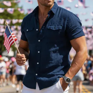 Navy blue men's cotton casual short-sleeved shirt with multi-pockets in outdoor setting