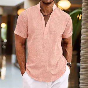Casual men's peach linen short-sleeved shirt with stand collar and buttoned placket