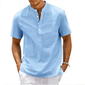Detailed view of light blue mens linen short sleeve henley shirt with a stylish stand collar