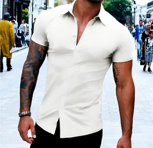 Close-up of a men's slim-fit white short-sleeve button-down shirt for summer