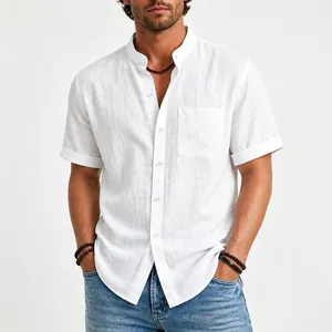 Close-up of a men's white short-sleeve linen shirt featuring a casual stand-up collar