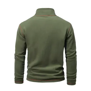 Detailed back view of men's olive green tactical fleece sweatshirt with stand-up collar