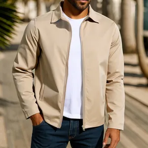 Close-up of a men's khaki windproof jacket featuring a full-length zipper and collar.