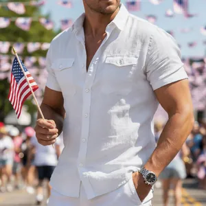 Close-up of white short-sleeved cotton casual shirt with pockets on a male model