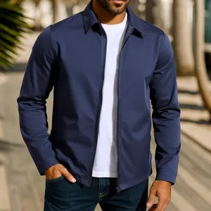 Detailed view of a premium men's dark blue zip-up windbreaker jacket with clean lines