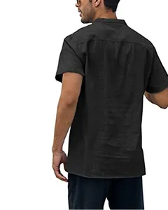 Back view of men's casual black cotton linen short sleeve shirt with stand collar
