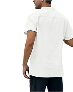Back view of a men's white cotton linen short-sleeve shirt with a casual stand collar