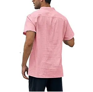 Back view detail of a pink casual cotton linen short sleeve shirt with stand collar
