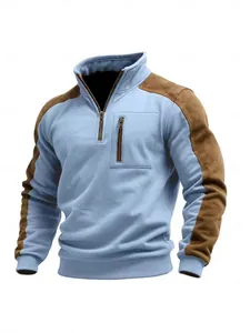 Men's light blue quarter-zip sweatshirt with brown contrast suede panels on shoulders