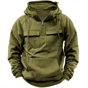 Detail of olive green tactical multi-pocket hooded sweatshirt for men