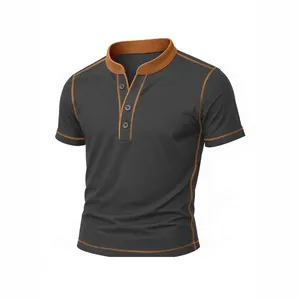 Men's Summer American Retro Henley Shirt Contrast Stitching Cotton Blend Short Sleeve T-Shirt Casual Slim Fit Button Top