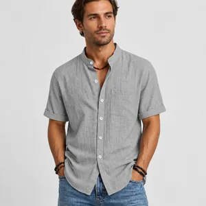 Detail view of a men's gray short-sleeved linen shirt with a stylish mandarin collar.