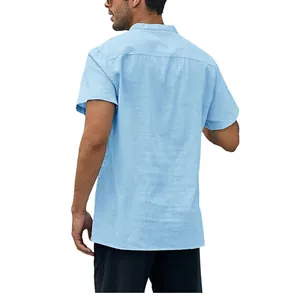Back view detail of light blue men's casual cotton linen shirt with stand collar