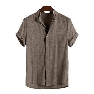 Camicia casual da uomo in lino marrone a maniche corte con tasca sul petto