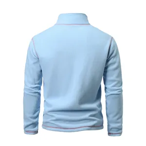 Back view of light blue men's tactical fleece pullover with red contrast stitching